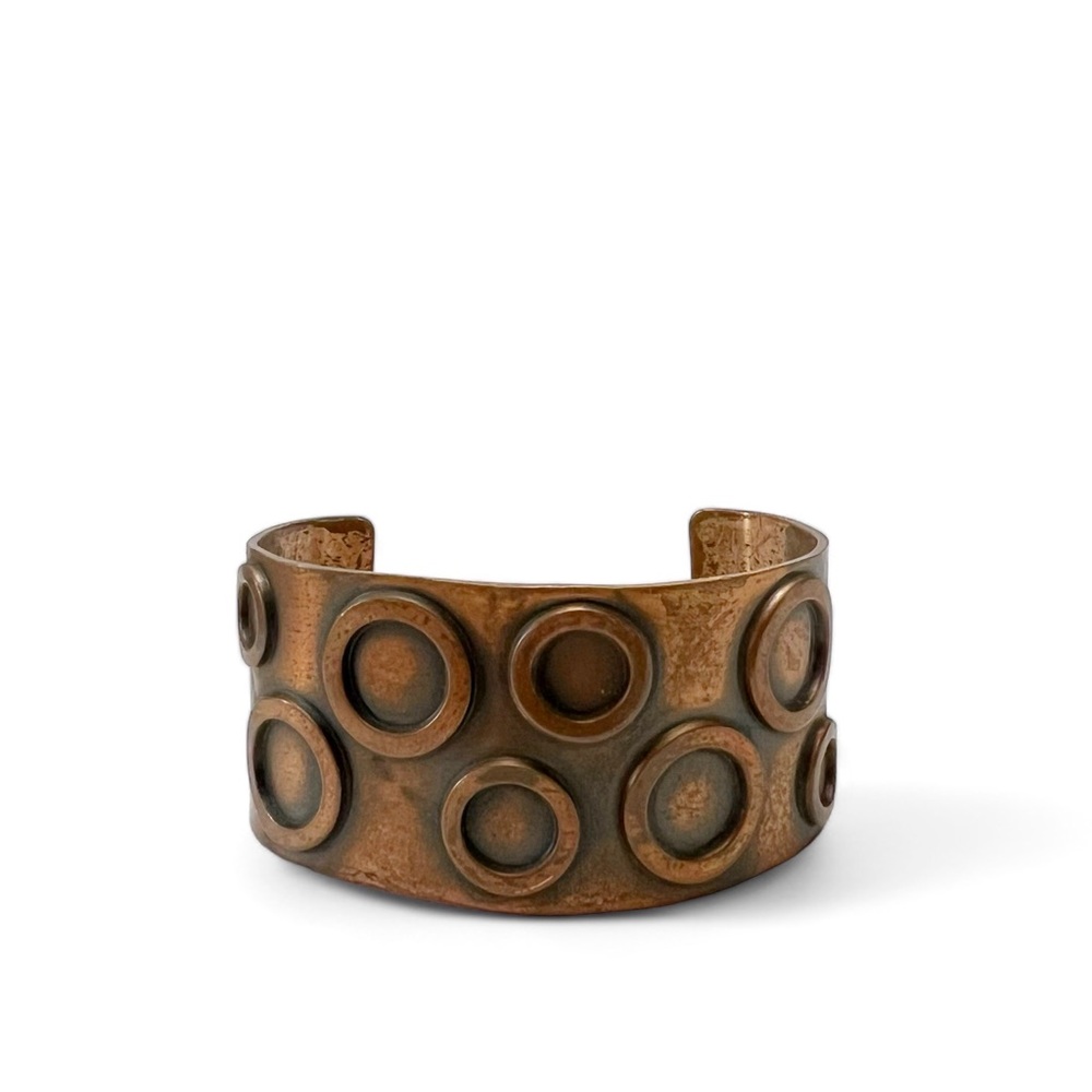 Vintage Modernist Bell Trading Post Solid Copper Circle Motif Cuff Bracelet